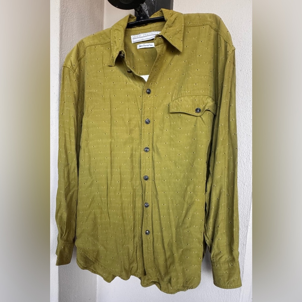 Anne Pinkerton Olive Green Blouse Long Sleeve Collar Black/White Dashes Medium